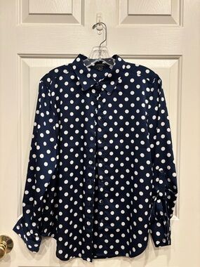 ANN TAYLOR Navy and White Polka Dot Blouse
